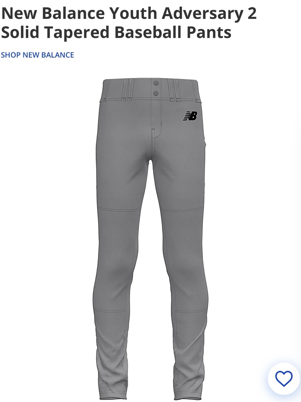 New Balance Gray Youth Tapered Baseball Pants